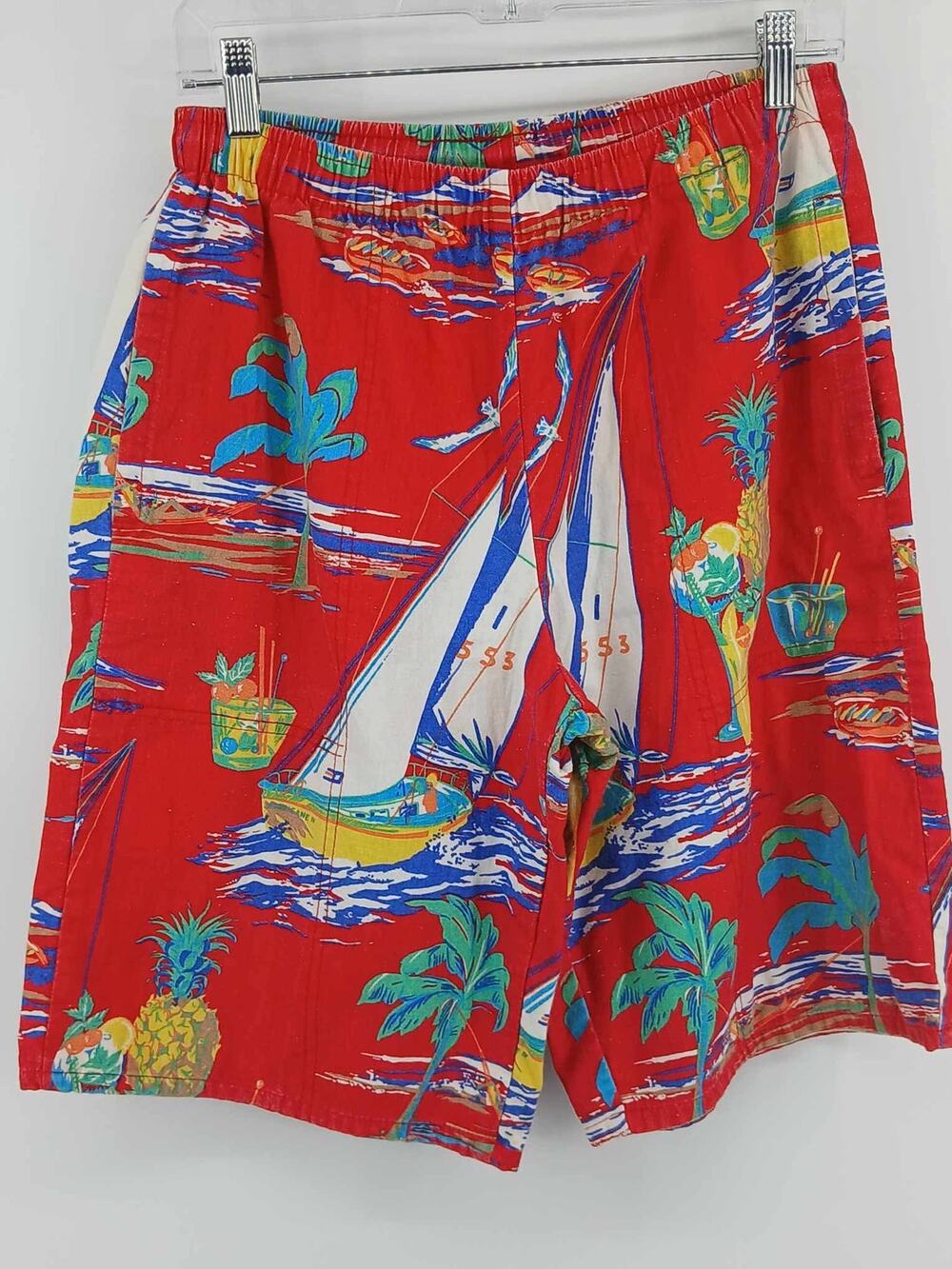 Frankenstein, vintage Hawaiian sailboat print cotton shorts red made in USA